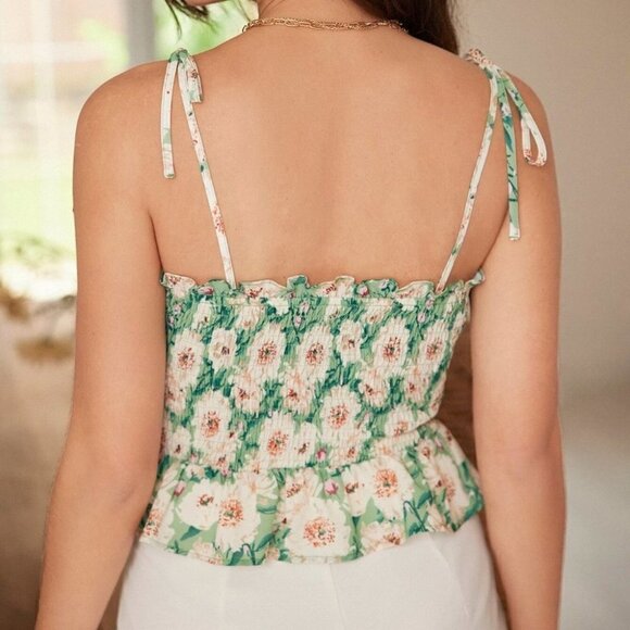Green Preppy Womens Floral Print Ruffle Hem Cami Top - Picture 4 of 5